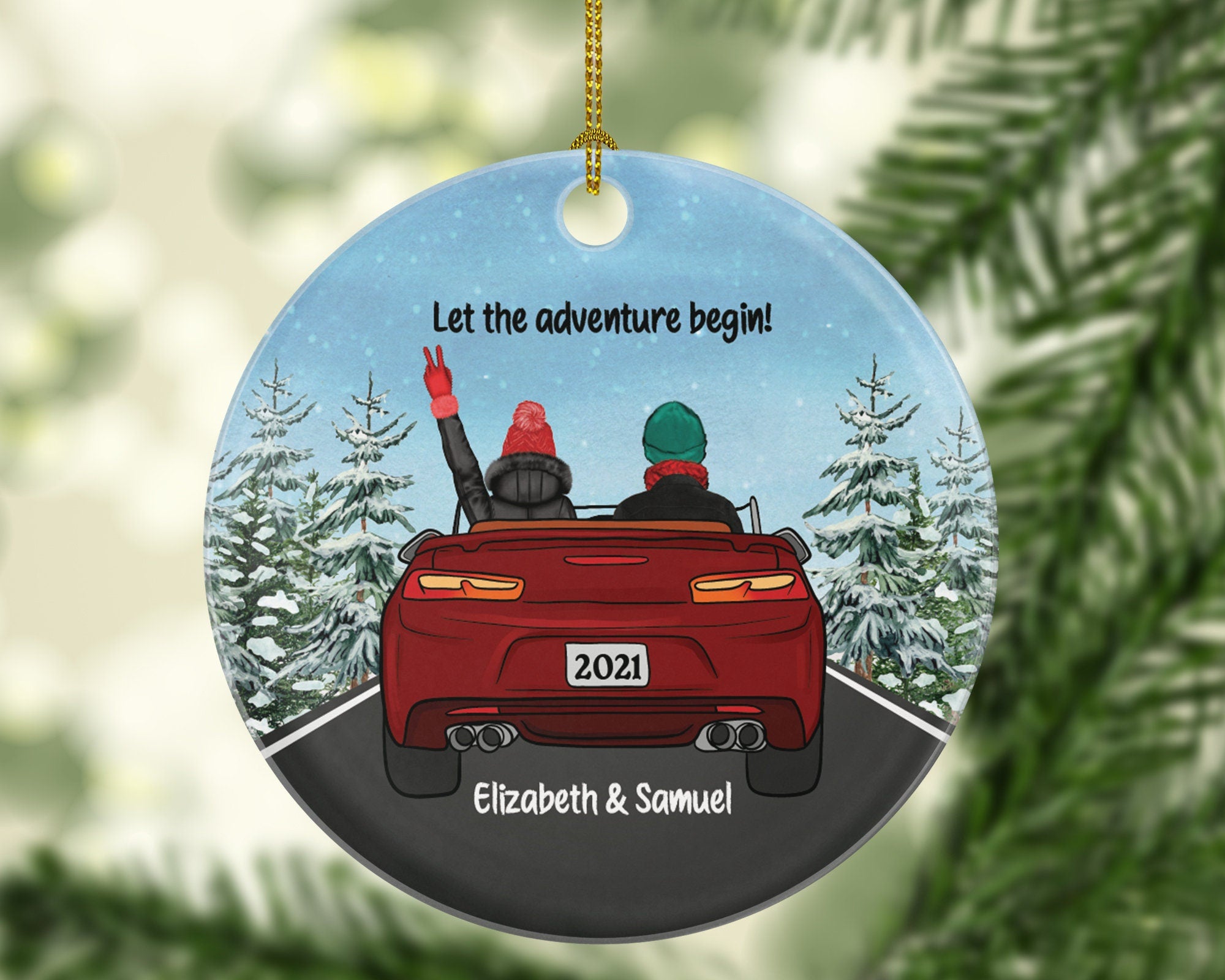 Couple In A Car Driving Christmas Ornament - Traveled Together Our First Trip Personalized Wedding Engaged New Couple Gift for Convertible