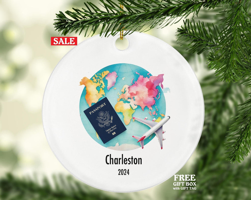 Traveler Christmas Ornament Personalized - Vacation Travel Lover Gift For International Traveler - Passport Plane Map - Custom Name Year