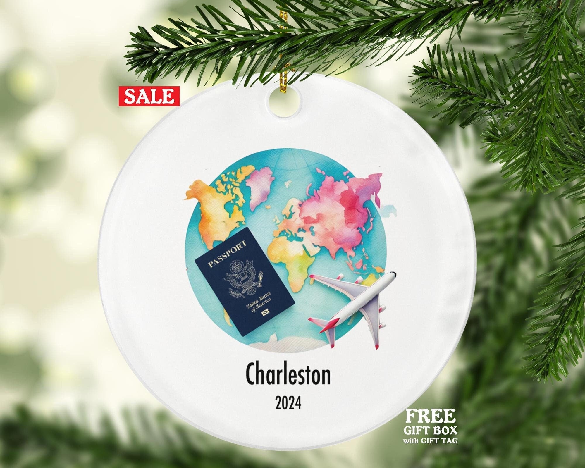 Traveler Christmas Ornament Personalized - Vacation Travel Lover Gift For International Traveler - Passport Plane Map - Custom Name Year