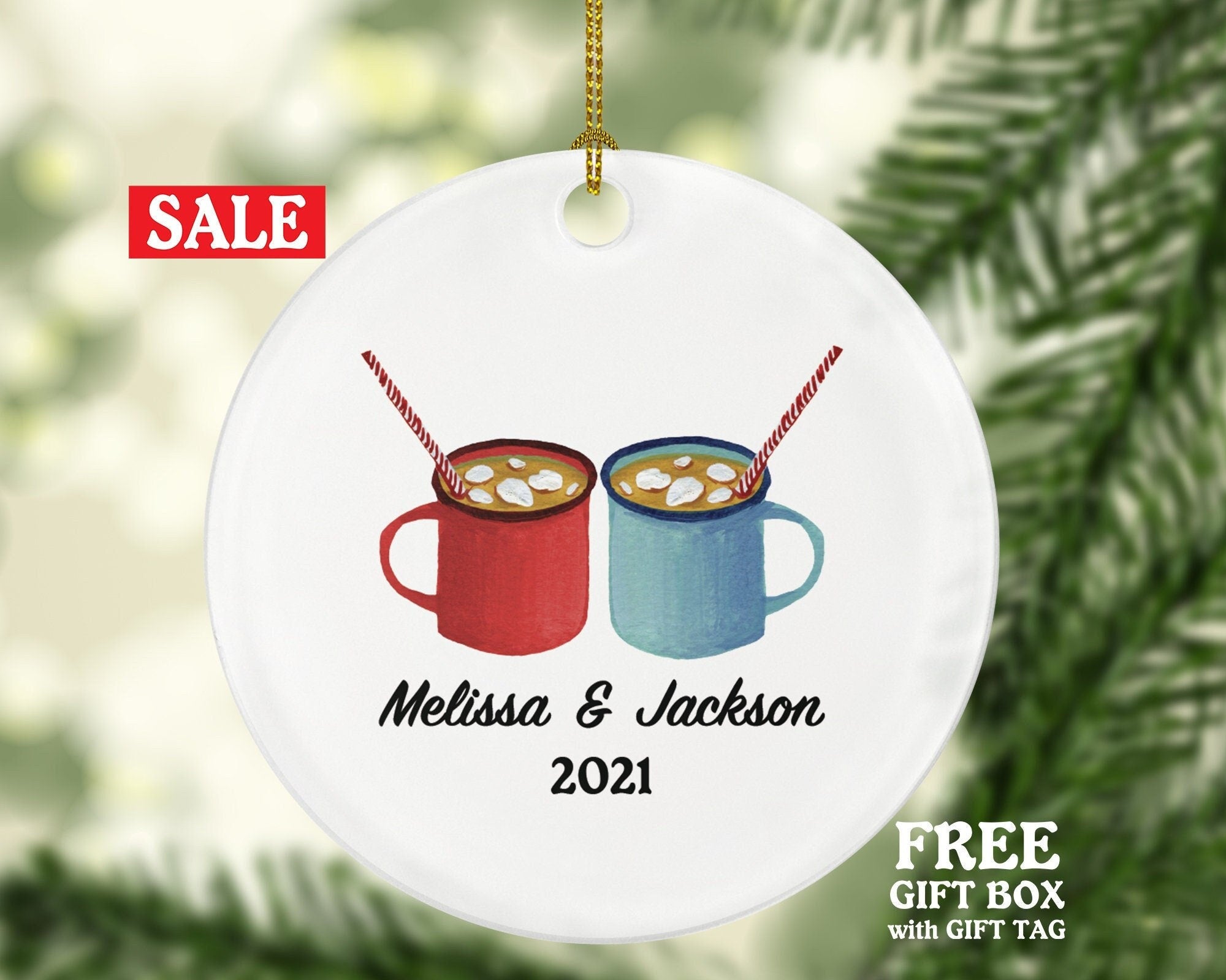 Hot Chocolate Couples Christmas Ornament - First Christmas Together Personalized - Custom New Couple Gift - Names and Year