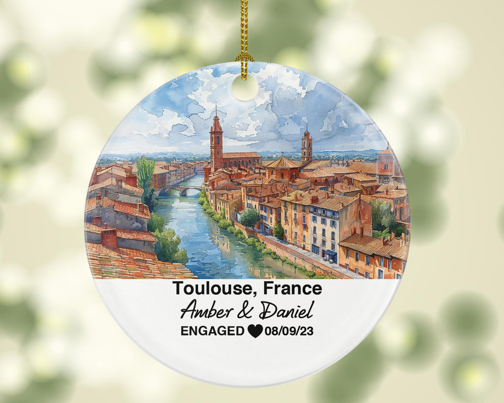Personalized Toulouse France Round Ceramic Christmas Ornament – Personalized Holiday Keepsake, Custom Couple Gift for Wedding or Honeymoon