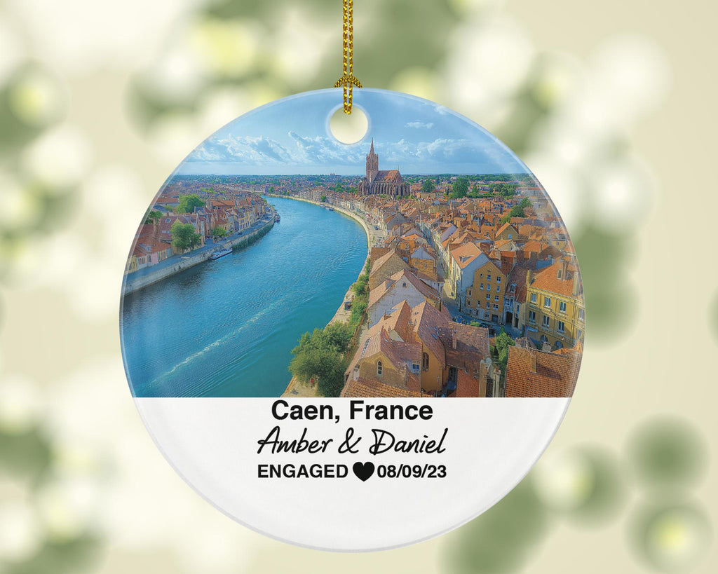 Personalized Caen France Christmas Ornament, Château de Caen, Mr & Mrs Wedding, Engagement, or Honeymoon Keepsake for Couples