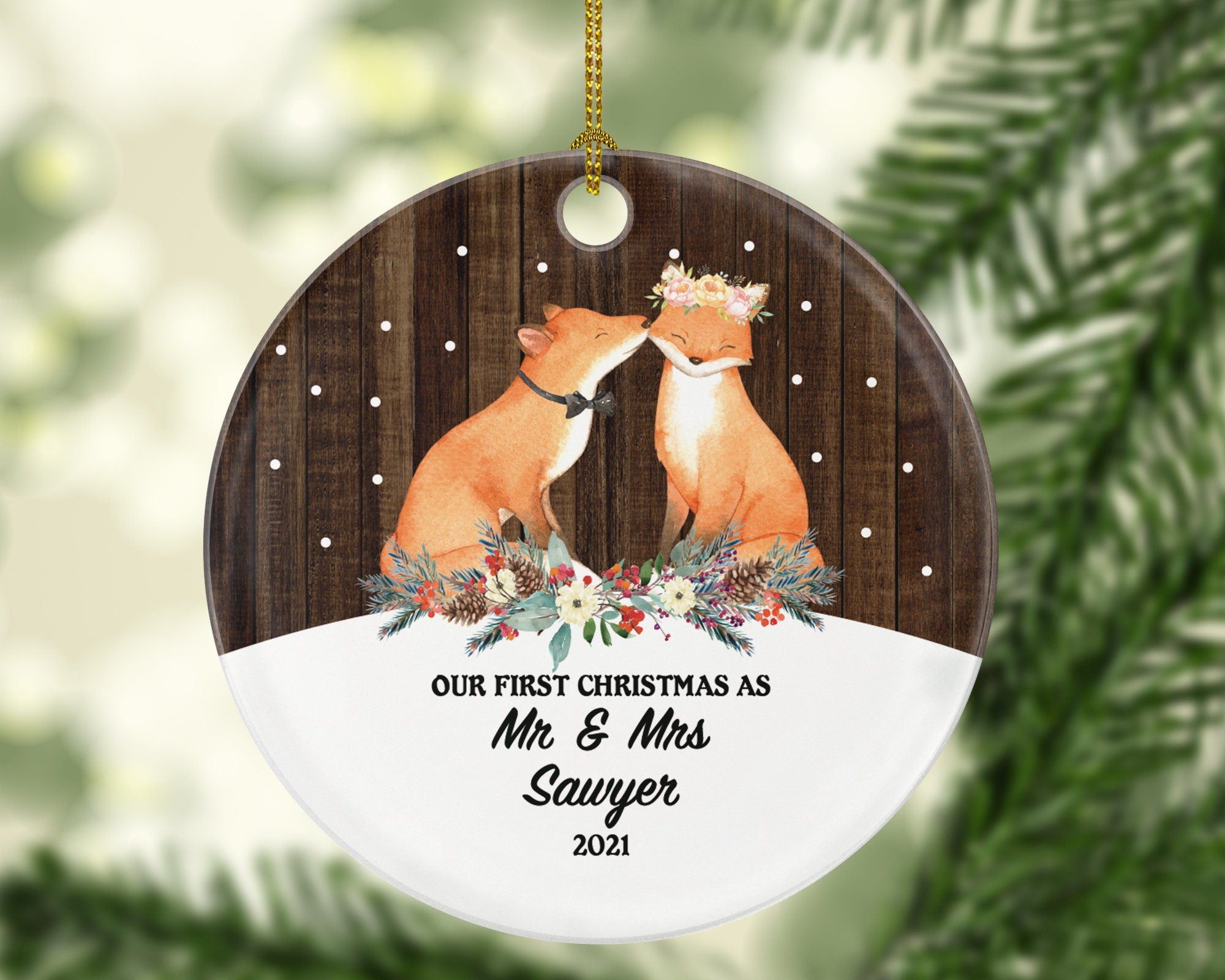 Personalized Our First Christmas as Mr & Mrs Ornament - Just Married Newlywed Wedding Bride Groom Love Couple Mr. and Mrs. Present Foxes