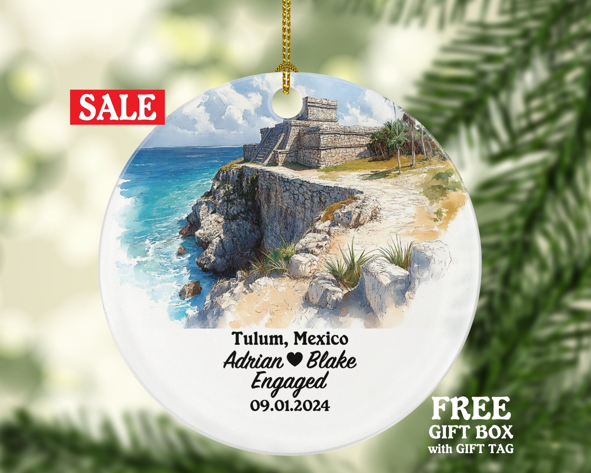 Tulum Christmas Ornament Personalized - Mexico Engaged Married Family Together Couple Travel Honeymoon Engagement Marriage