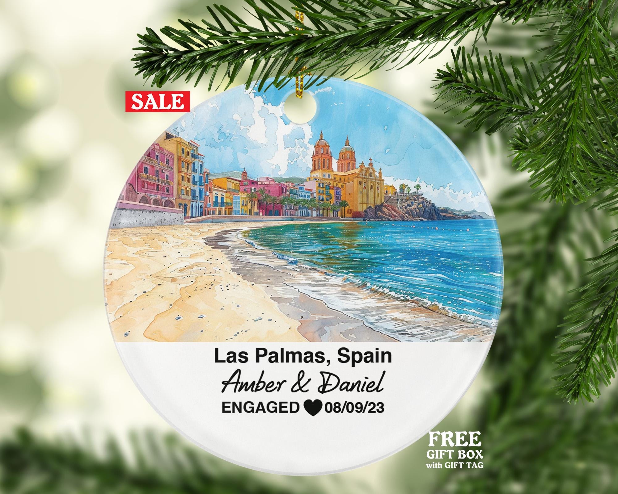 Las Palmas Spain Round Ceramic Christmas Ornament – Personalized Holiday Keepsake, Custom Couple Gift for Wedding or Honeymoon