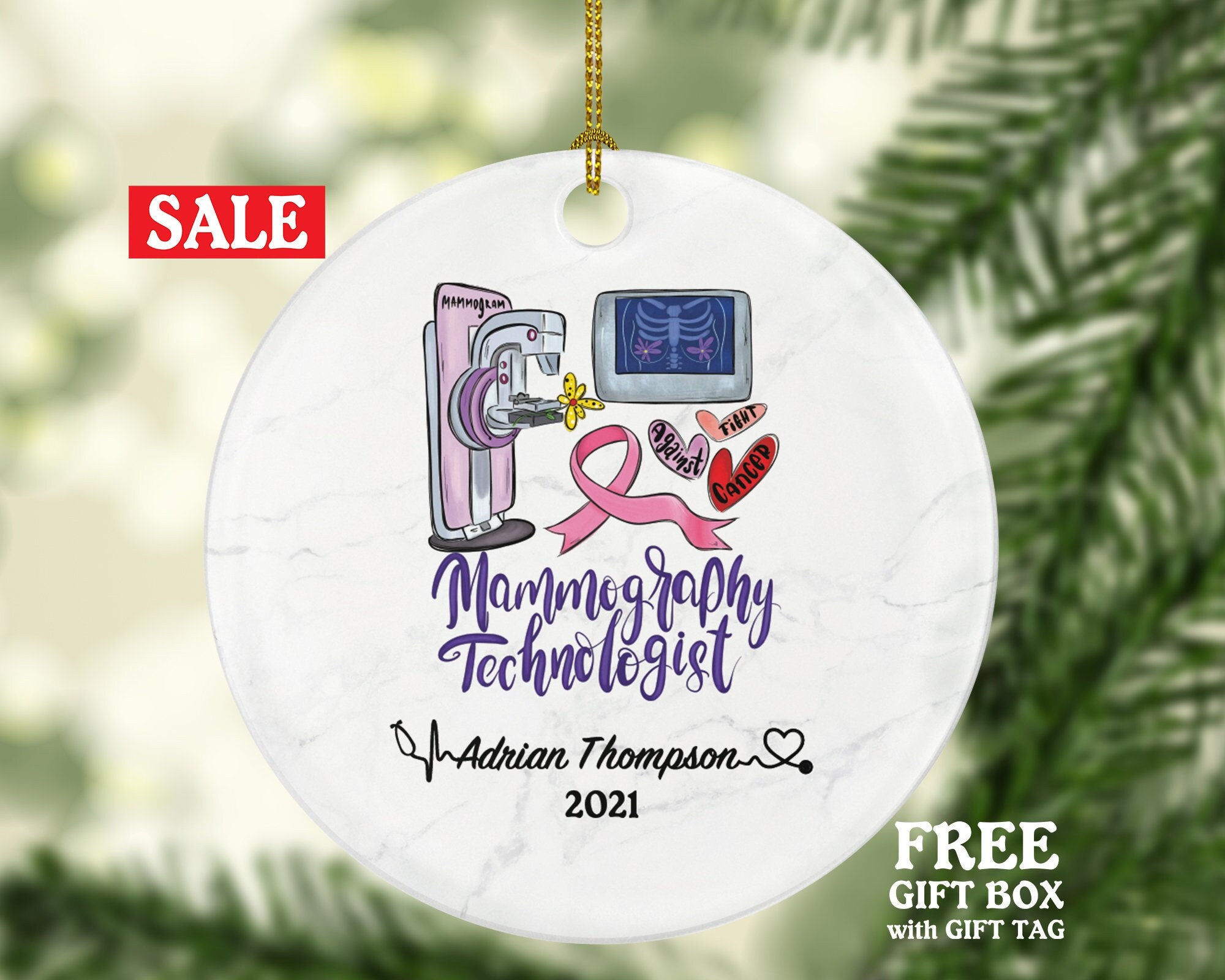 Mammography tech Christmas Ornament Personalized - Radiology Breast Cancer Awareness  Medical Scan Health Worker Mammo Gift