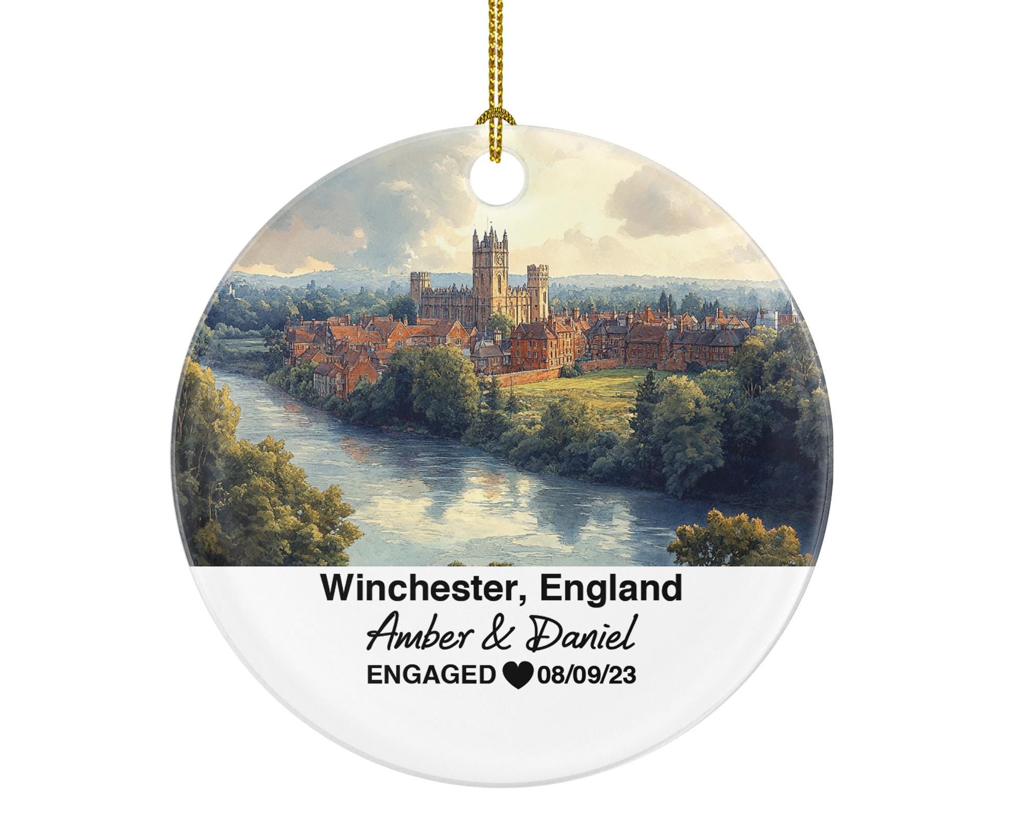 Winchester England Ceramic Christmas Ornament – Personalized United Kingdom Keepsake, Custom Couple Gift for Wedding or Honeymoon
