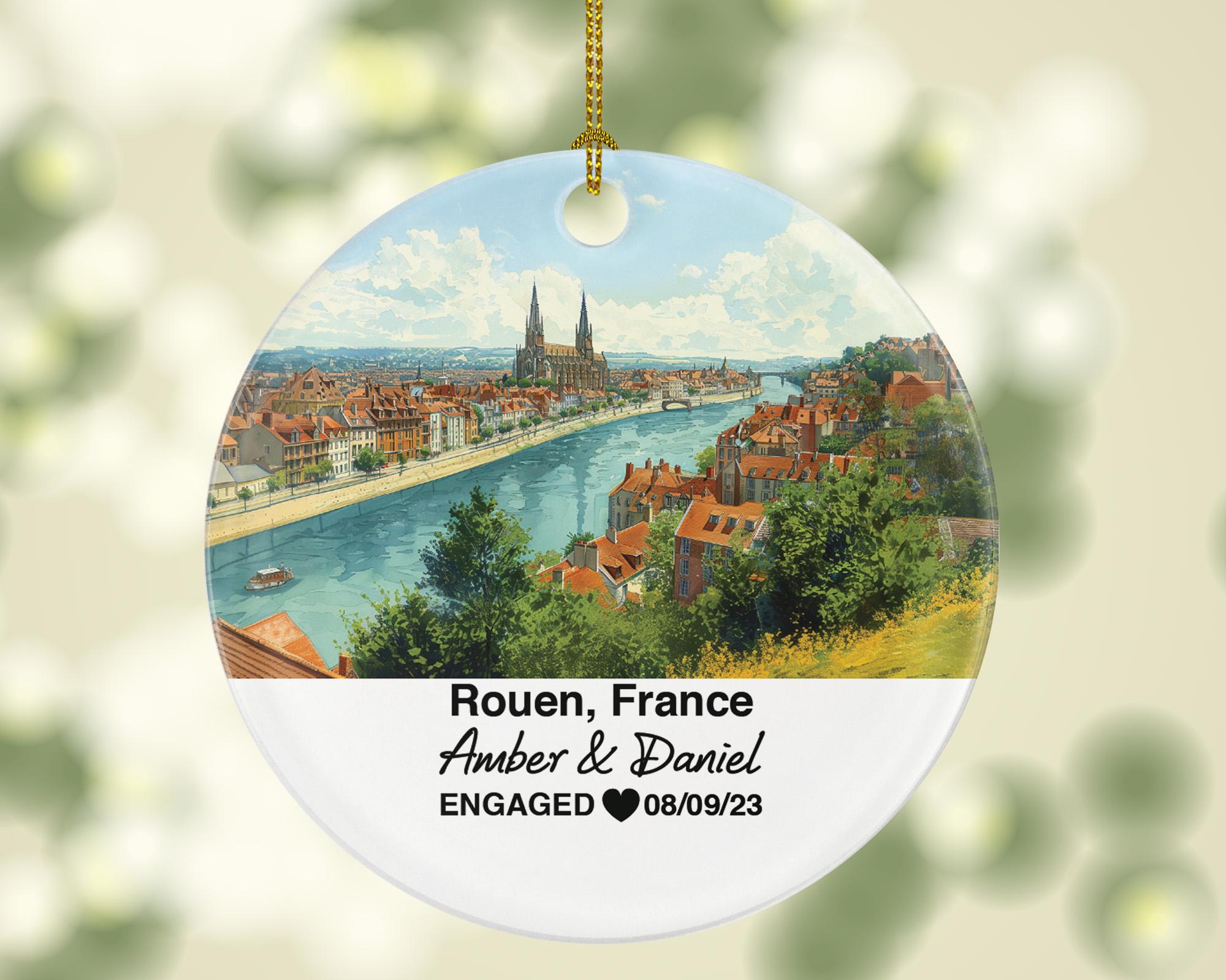 Personalized Rouen France Christmas Ornament, Gothic Cathedrals, Mr & Mrs Wedding, Engagement, or Honeymoon Keepsake for Couples