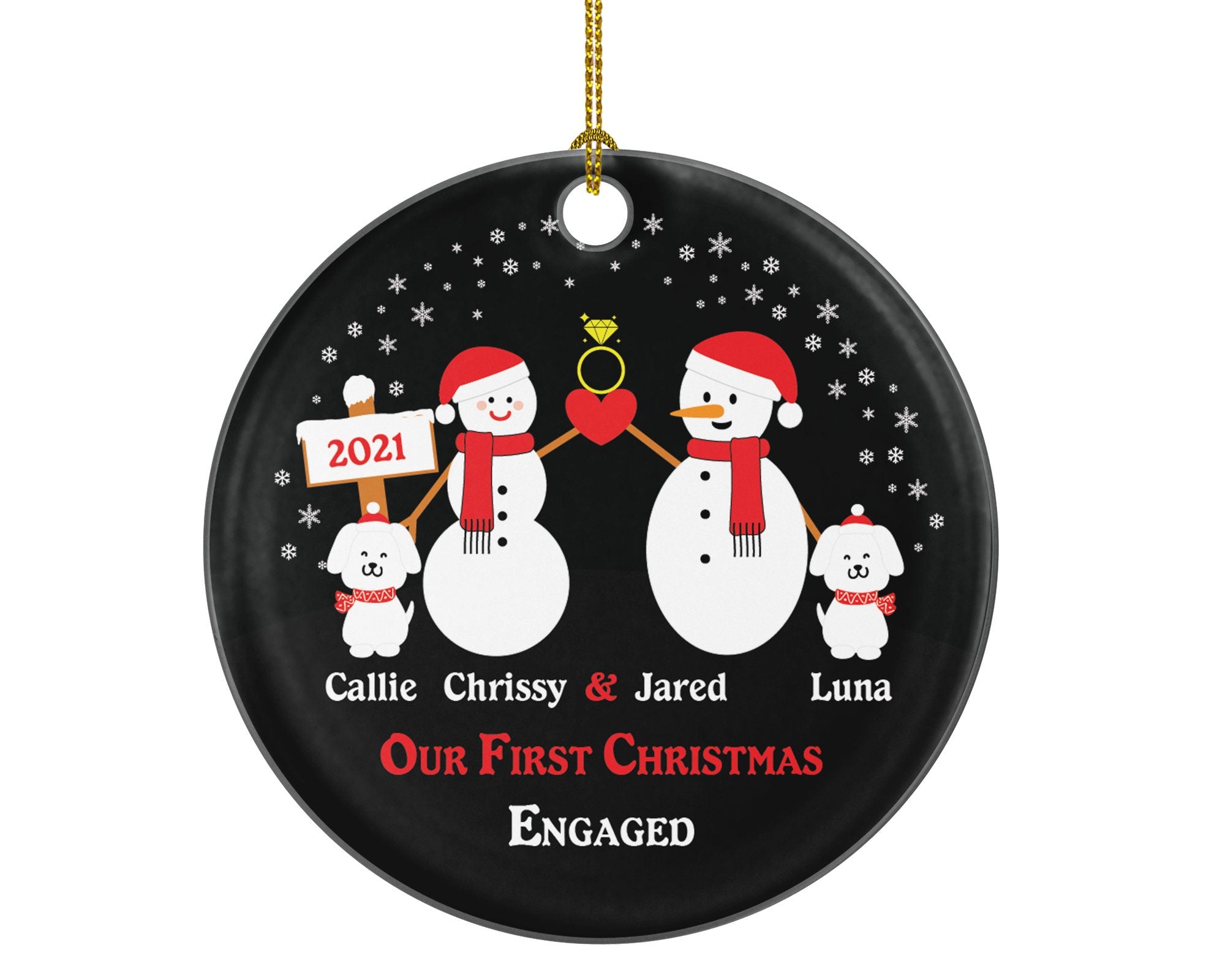 Personalized Engaged Ornament with 2 Dogs Pet Fur Family Dad Mom Owner Lover Engagement Ring Snowmen She Said Yes Couple Our First Christmas