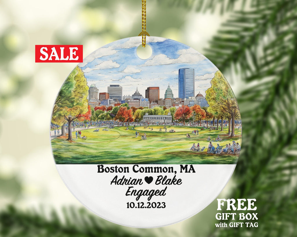 Boston Common MA Christmas Ornament Personalized - Engaged Married Family Together Couple Travel Honeymoon Wedding Engagement Marriage