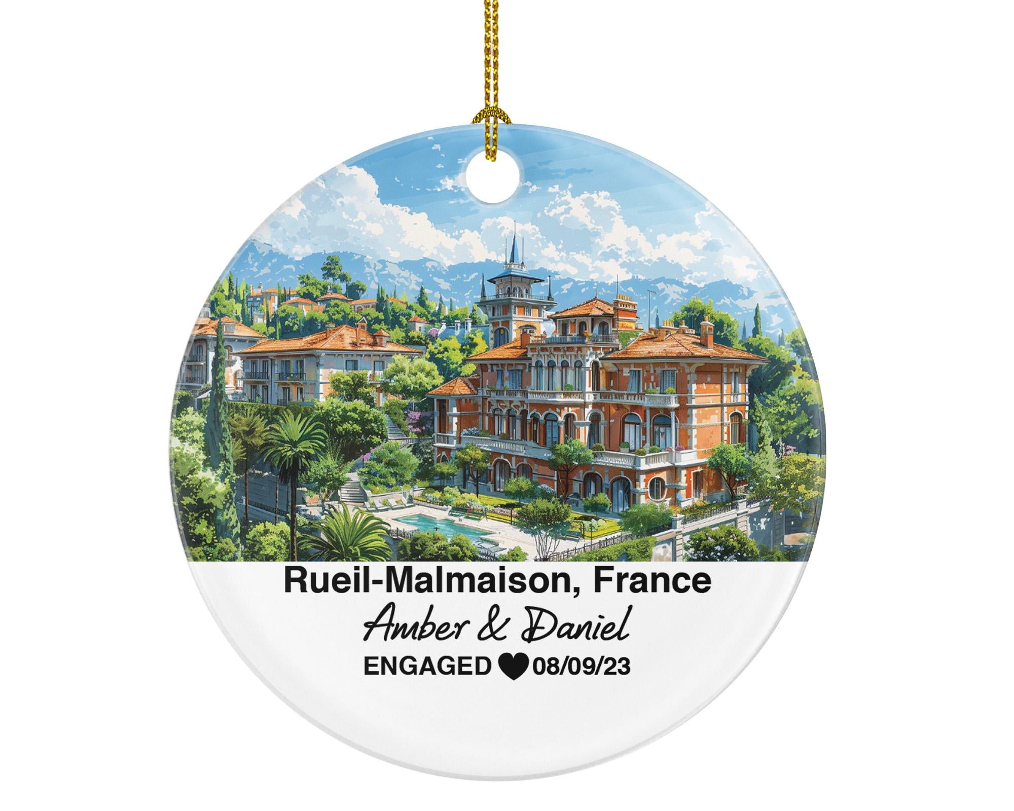 Personalized Rueil-Malmaison France Christmas Ornament, Château de Malmaison, Mr & Mrs Wedding, Engagement, or Honeymoon Keepsake to Couples