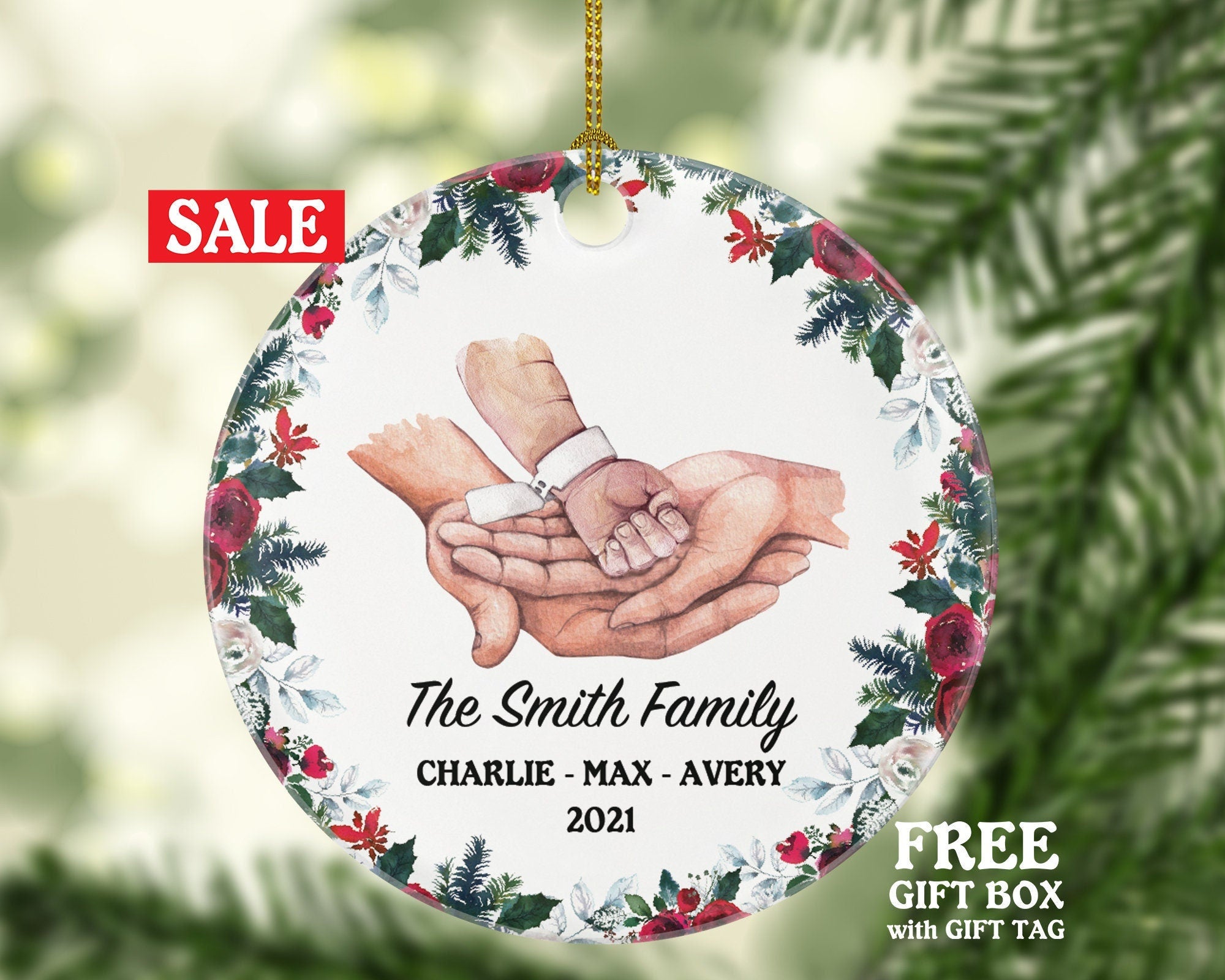 Newborn Infant Baby Family of 3 Christmas Ornament - Personalized Our First Ornament Custom Names for Three Gift for Family with Hands