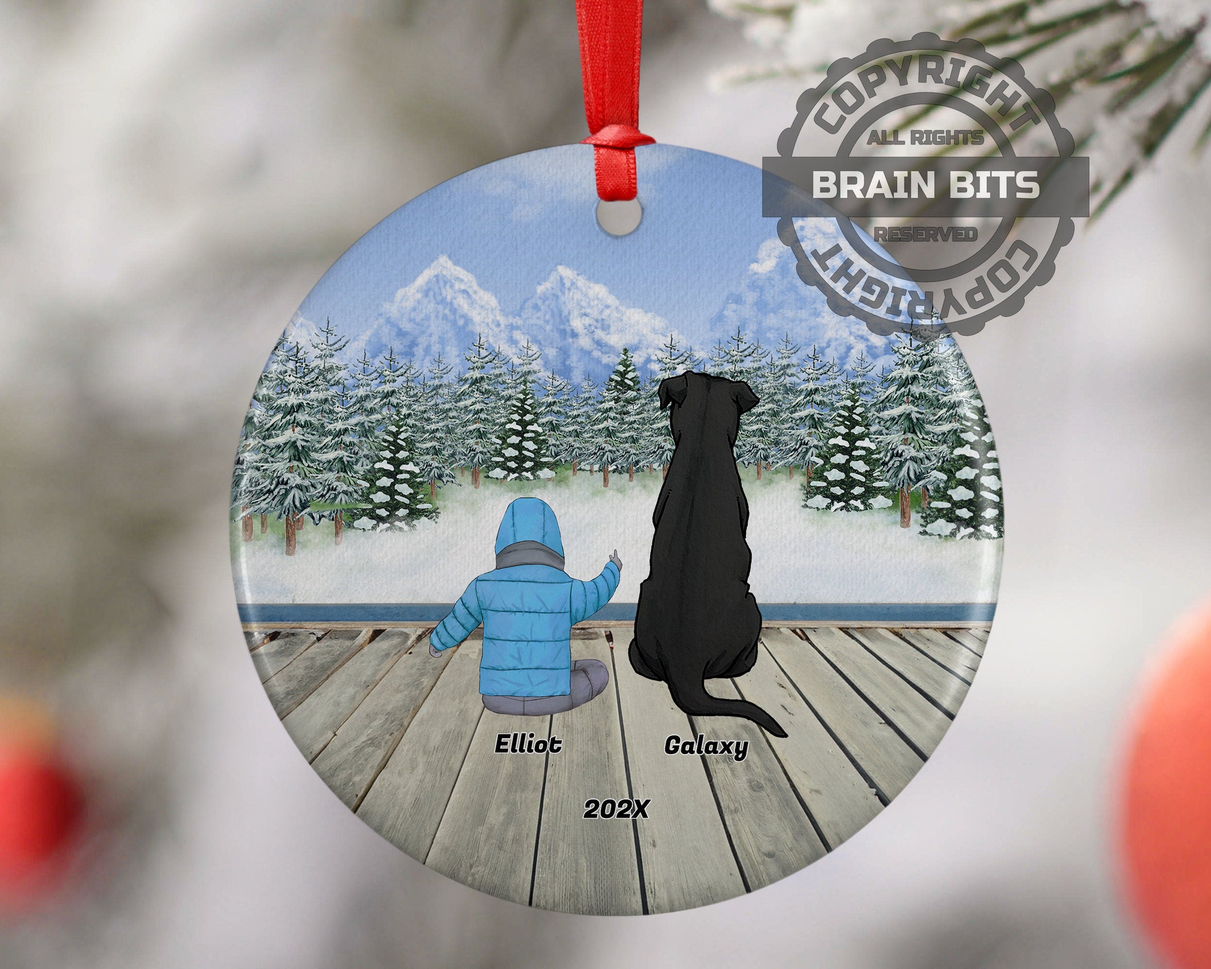 Personalized Baby Boy Son Kid Child Grandchild Grandson Pet Christmas Ornament Custom Ceramic Dog Cat Owners Holiday Gift Winter Scene