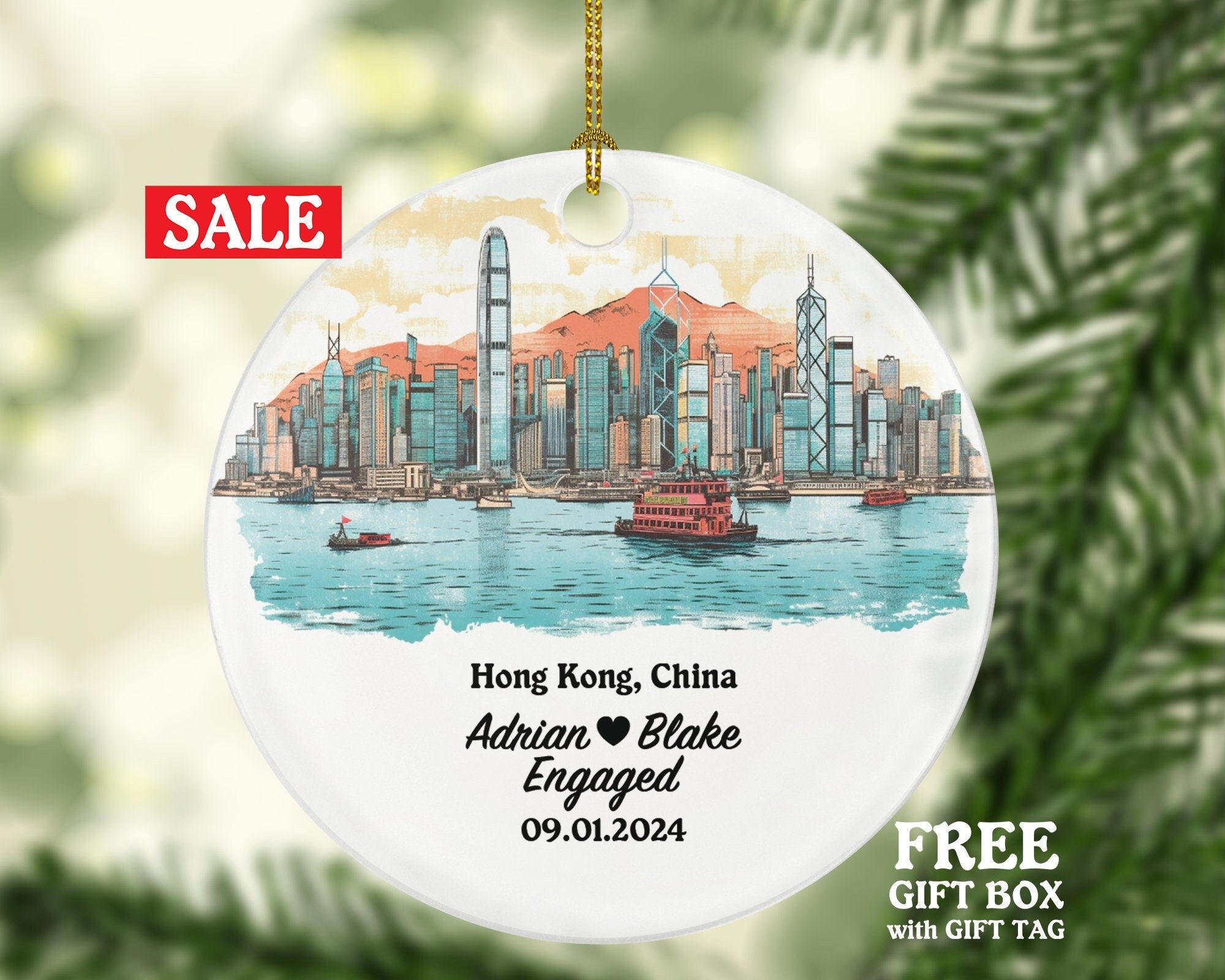 Hong Kong Christmas Ornament Personalized - Engaged Married Family Together Couple Travel Honeymoon Engagement Marriage