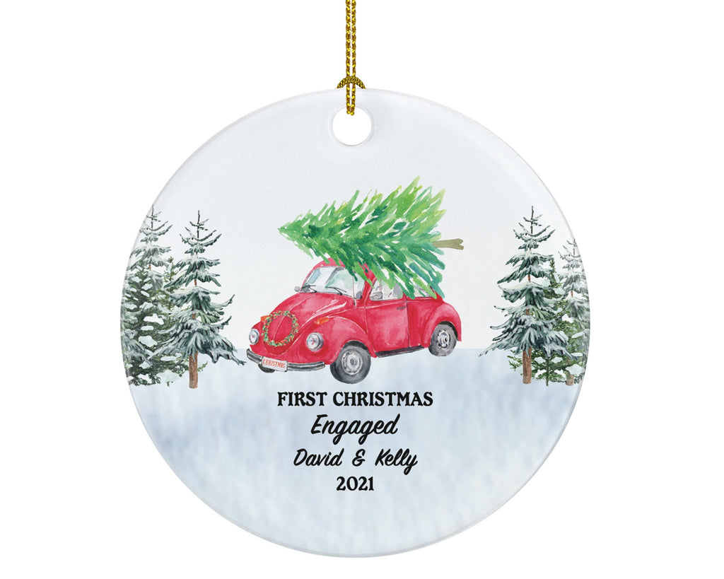 First Christmas Engaged Vintage Red Car Ornament - Couple Personalized Engagement Gift Custom Names & Year Just Newly Engaged