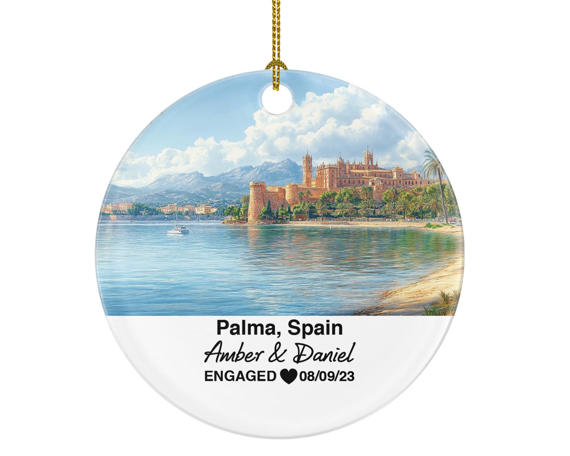 Palma Spain Round Ceramic Christmas Ornament – Personalized Holiday Keepsake, Custom Couple Gift for Wedding or Honeymoon