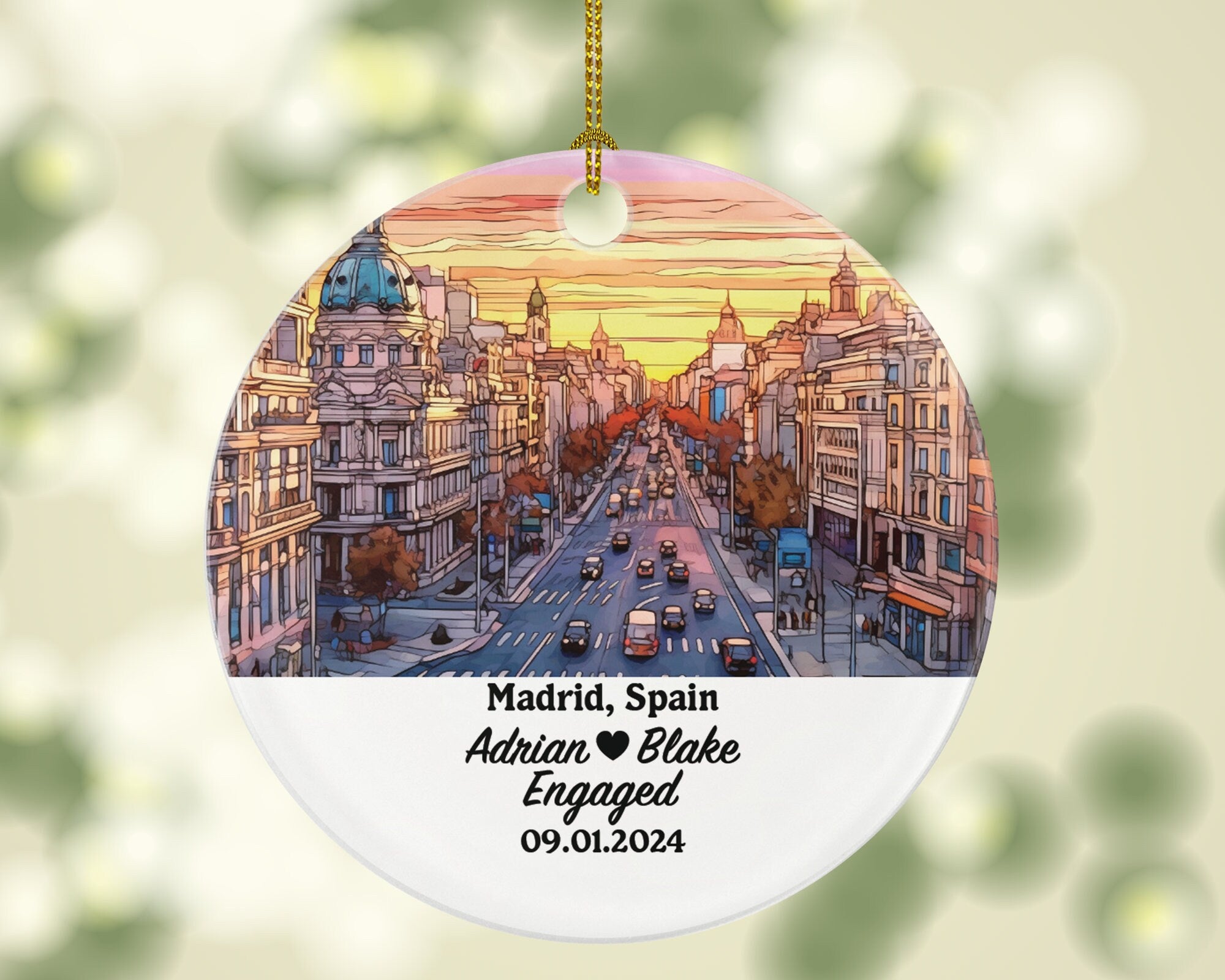 Madrid Christmas Ornament Personalized - Spain Engaged Married Family Together Couple Travel Honeymoon Engagement Marriage