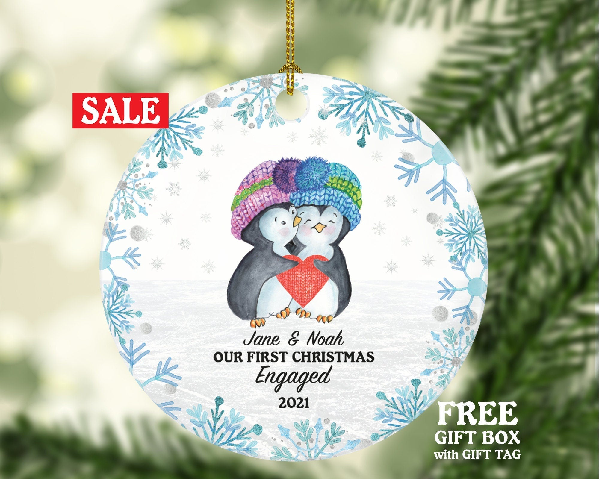 Our First Christmas Engaged Ornament - Personalized Engagement Announcement - Penguin Couple Gift - Custom Date and Name