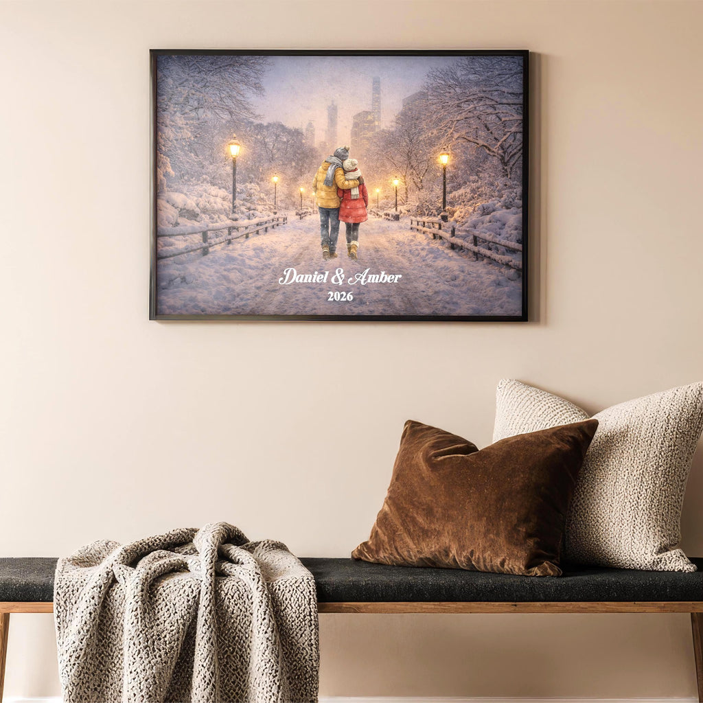 New York City Couple Custom Wall Art | Snowy NYC Scene for Engaged, Married, Mr & Mrs, Anniversary, Travel, Honeymoon | Aluminum Metal Print