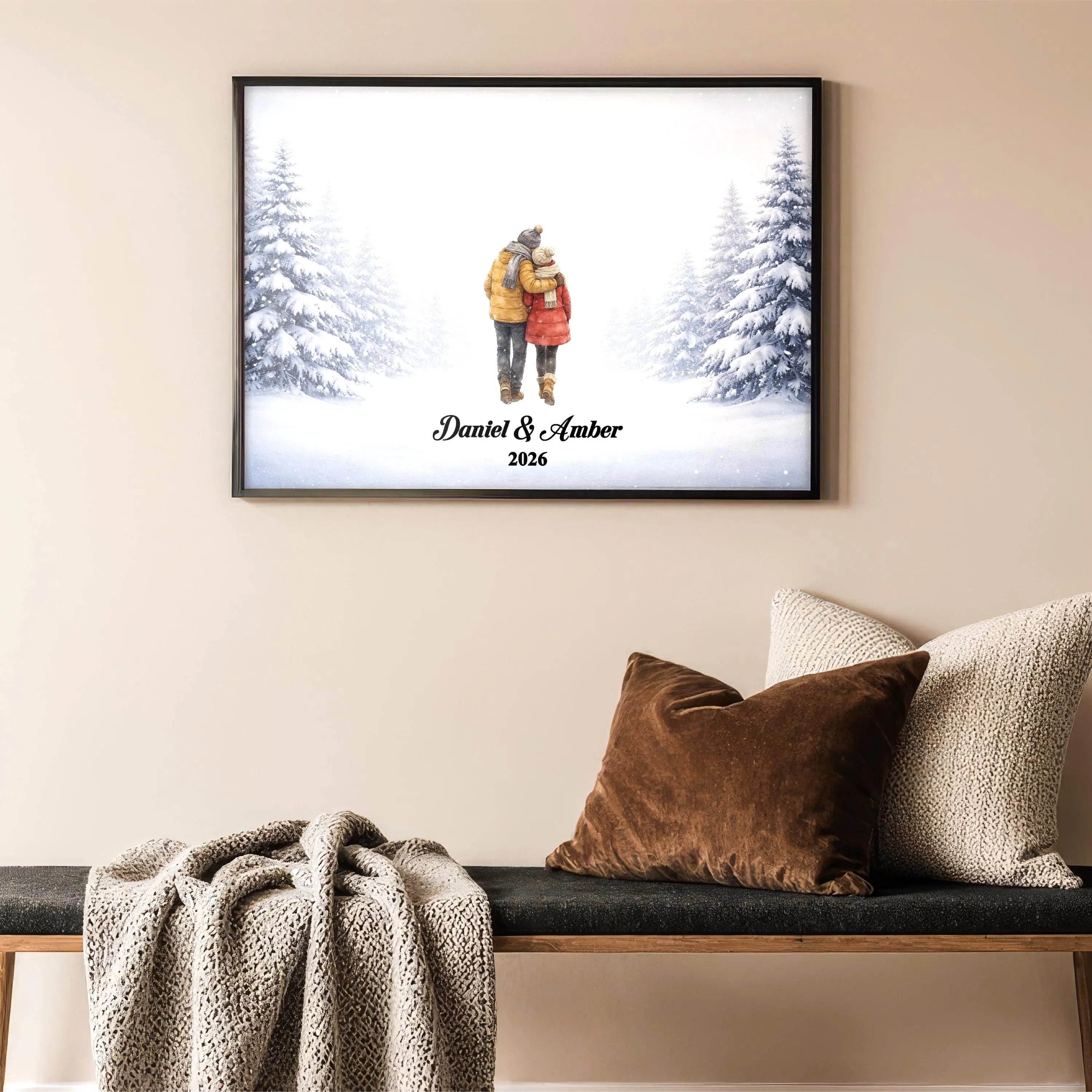 Personalized Couple in Snowy Scene Wall Art | Winter Landscape Print for Engaged, Married, Mr & Mrs, Anniversary | Aluminum Metal Print