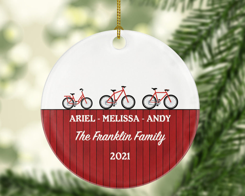 Personalized Family of 3 Christmas Ornament - Bicycle Bike Customized Holiday Gift Custom Names Outdoor Activity Mother Father Child