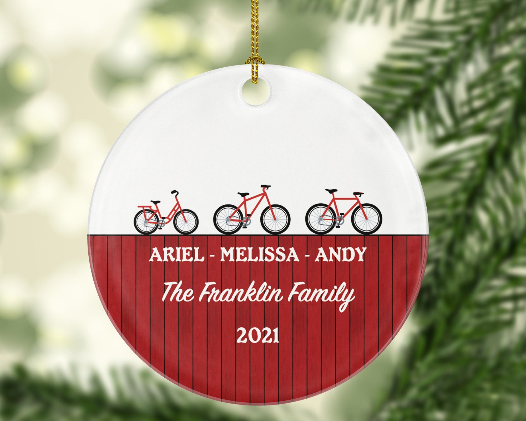 Personalized Family of 3 Christmas Ornament - Bicycle Bike Customized Holiday Gift Custom Names Outdoor Activity Mother Father Child