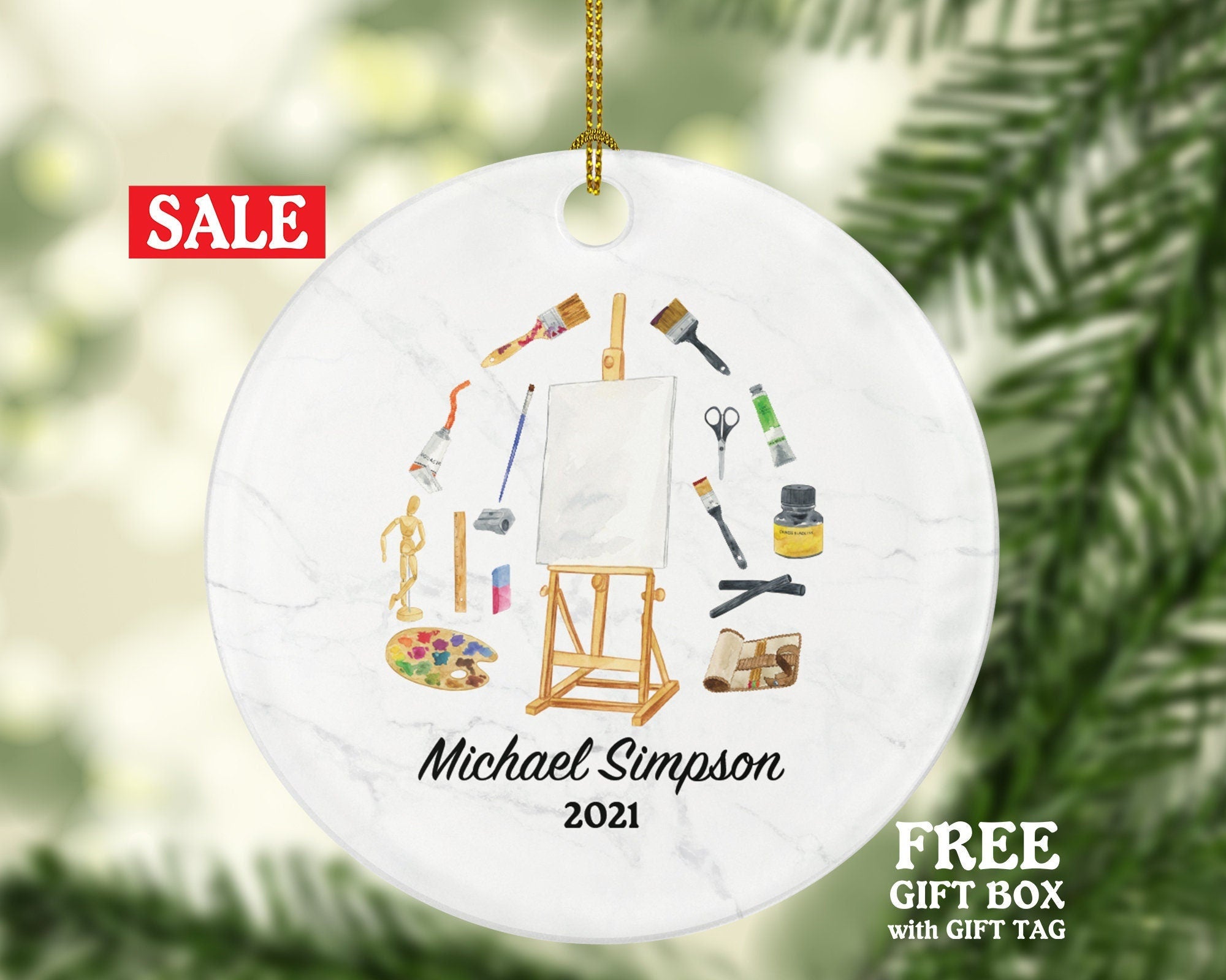 Artist Personalized Ornament, Christmas Art Lover,  Art Teacher, Xmas Artist Drawing Painting Art Craft Custom Gift