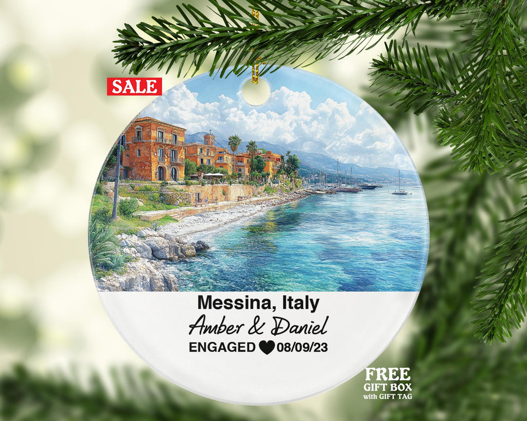 Custom Messina Italy Christmas Ornament, Astronomical Clock, Piazza del Duomo, Personalized Couple Gift, Celebrate Wedding, Engagement, Honeymoon