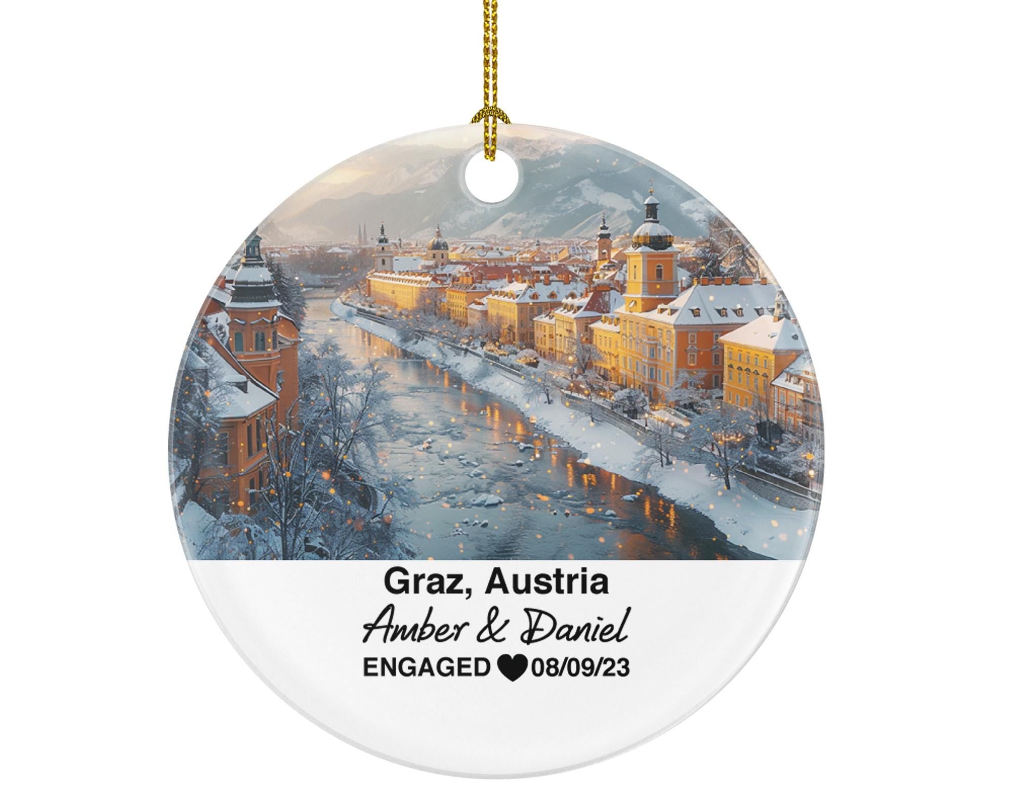 Custom Austria Graz Ornament – Personalized Schlossberg Hill, Murinsel Keepsake, Couple Gift for Wedding or Honeymoon