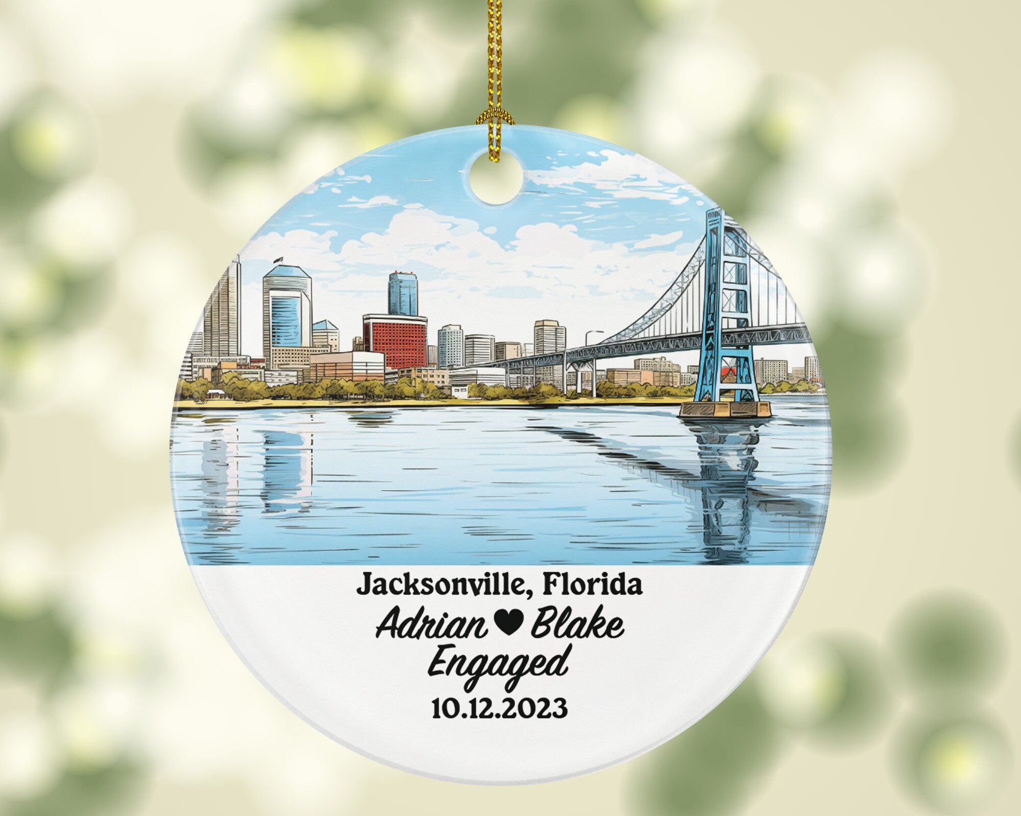 Jacksonville Florida Christmas Ornament Personalized, FL Engaged Married Family Together Couple Travel Honeymoon Wedding Engagement Marriage