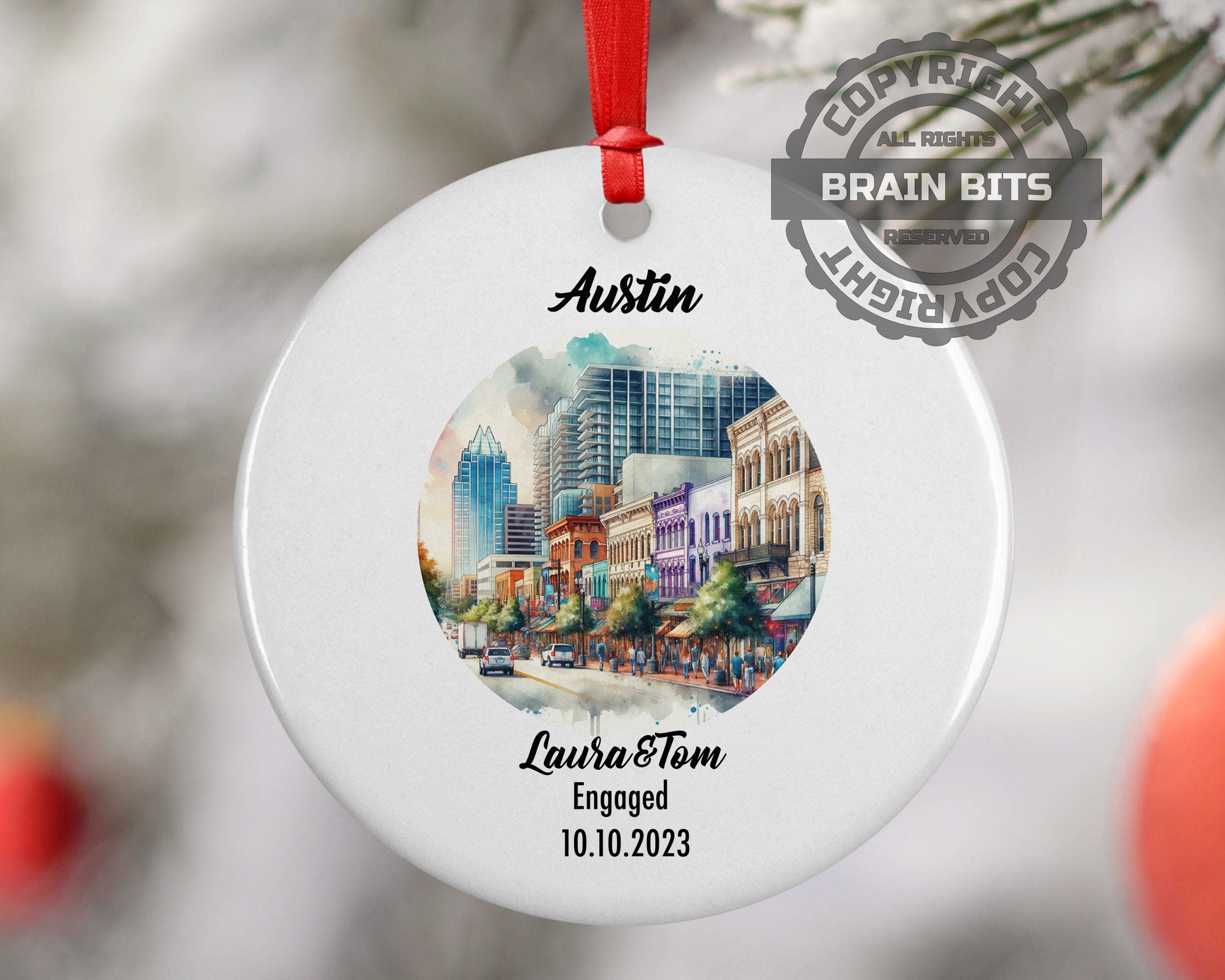 Austin Downtown Ornament, Engagement, Married, Travel, Gift for Engaged Couple, Engagement Gift, Trip, Vacation Souvenir