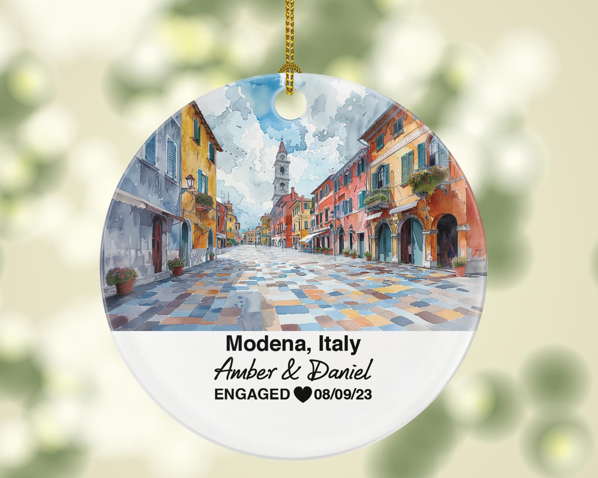 Custom Modena Italy Ornament, Enzo Ferrari Museum, Ghirlandina Tower, Personalized Couple Gift, Celebrate Wedding, Engagement, Honeymoon