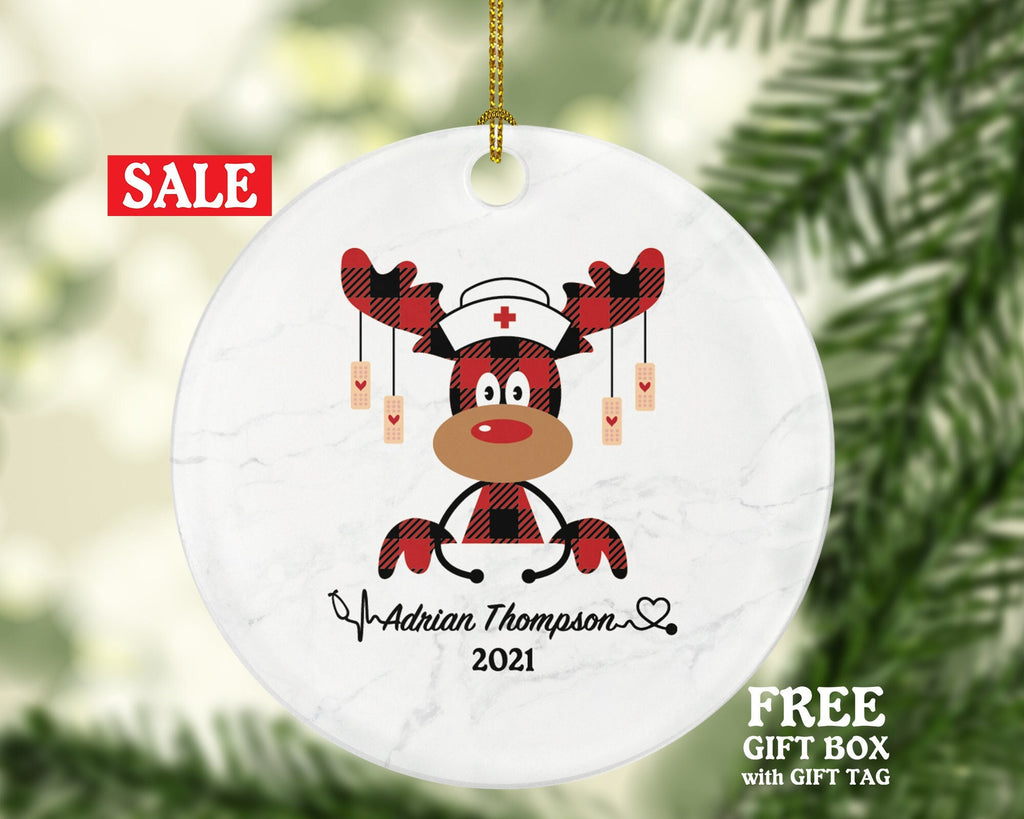 Nurse Christmas Deer Ornament Personalized - Nursing Registered Nurse Health Worker Gift from Patient for Nurse RN Custom Medical