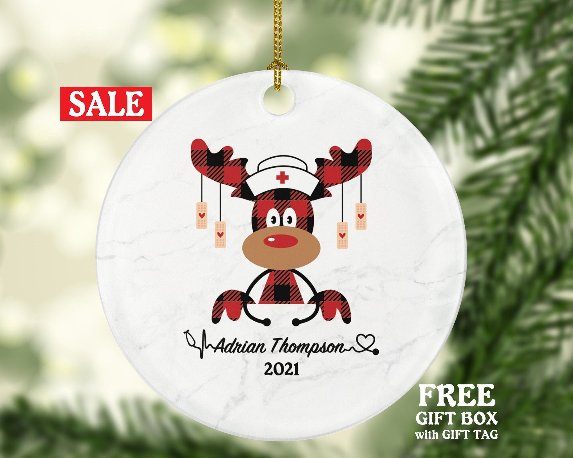 Nurse Christmas Deer Ornament Personalized - Nursing Registered Nurse Health Worker Gift from Patient for Nurse RN Custom Medical