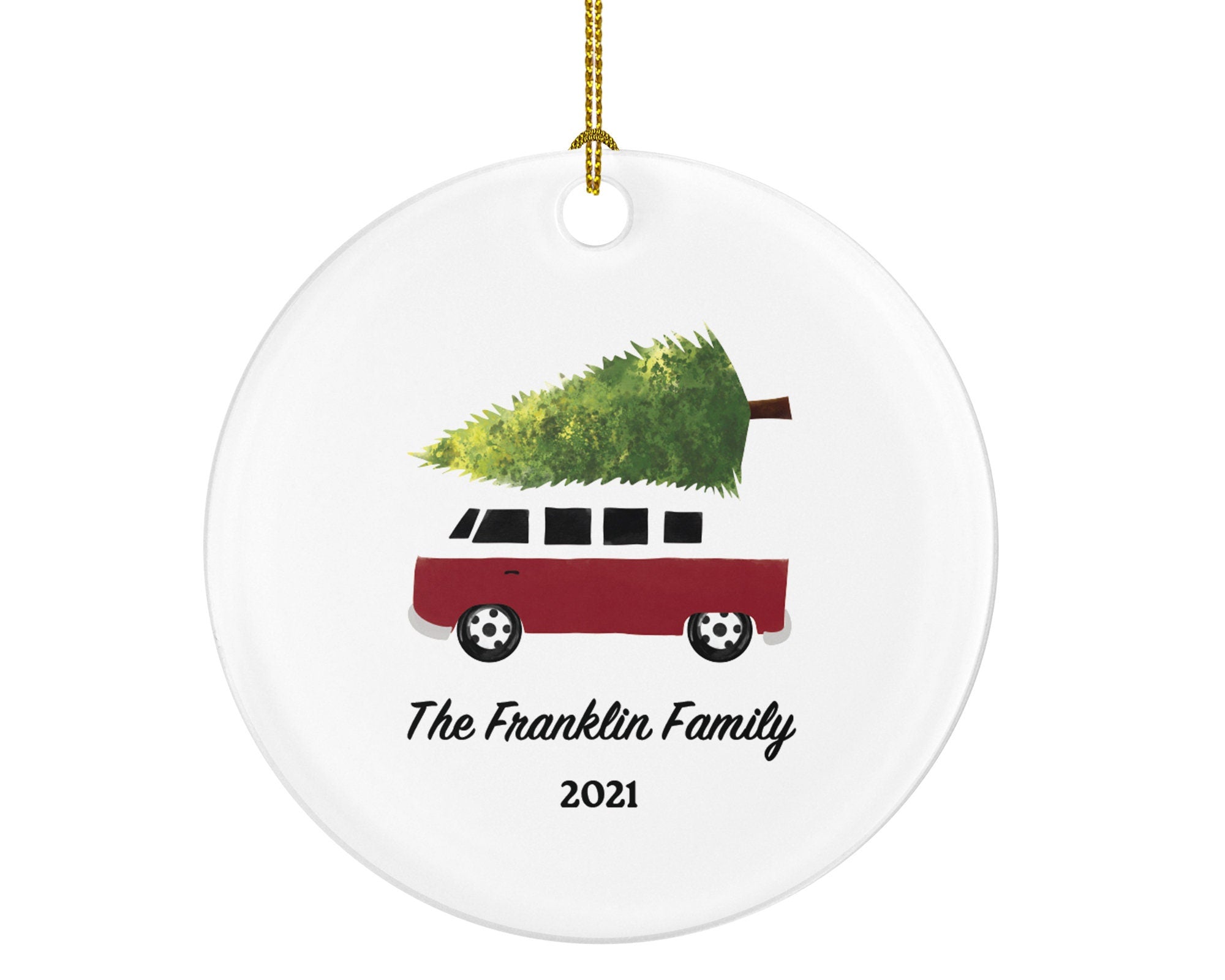 Camping Vehicle with tree RV Camper Family Christmas Ornament - Personalized Vacation Red Recreational Gift Vintage