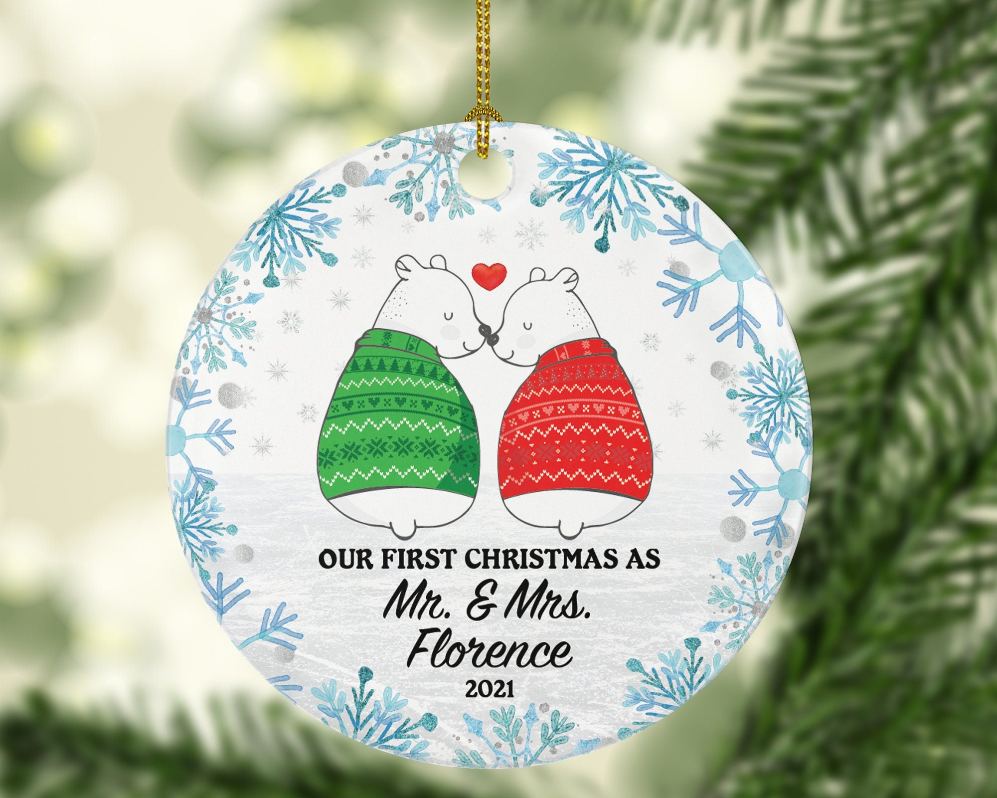 First Christmas as Mr & Mrs Couple Personalized Ornament - Custom Newlywed Mr. and Mrs. Bear Wedding Just Married Arctic Marriage Gift