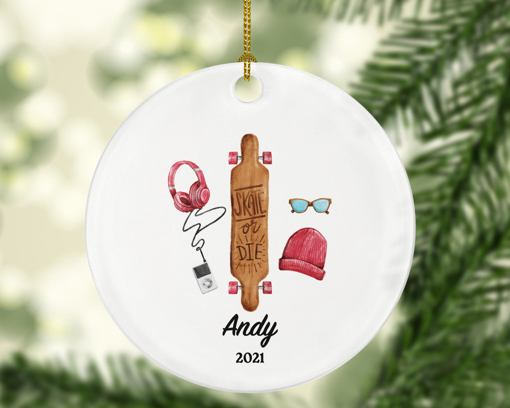 Personalized Skateboard Male Female Girl Boy Skating Christmas Ornament Skate Board Skater Lover Gift Watercolor Sports Hobby Occupation
