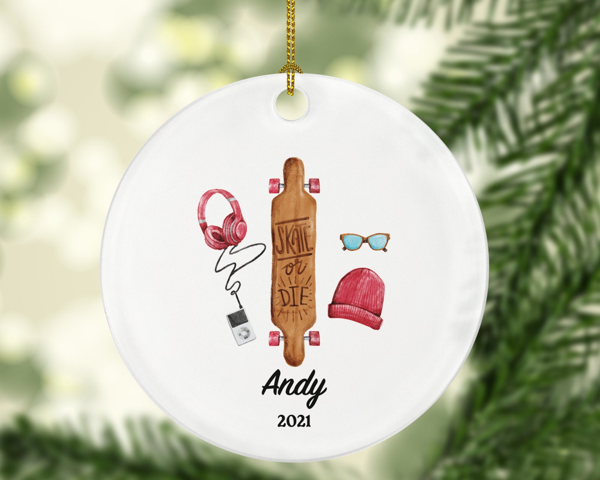 Personalized Skateboard Male Female Girl Boy Skating Christmas Ornament Skate Board Skater Lover Gift Watercolor Sports Hobby Occupation