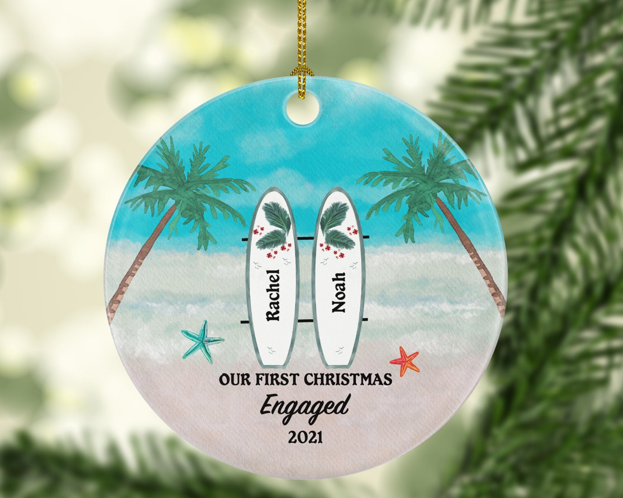 Surfboards Engaged Couple Engagement First Christmas Ornament - Personalized Newly Just Gift for Surf Board Beach Sand Palm She Said Yes