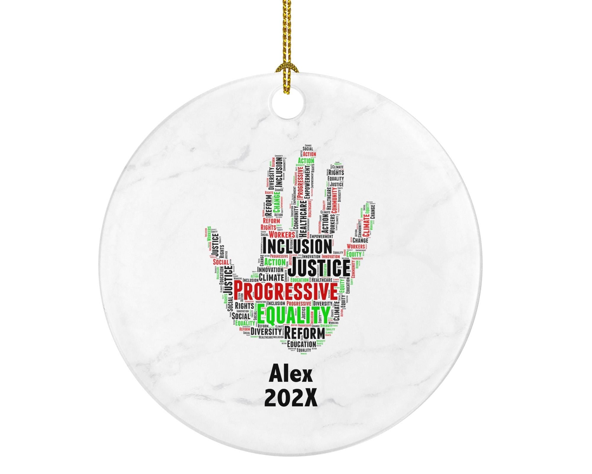 Progressive Equality Ornament – Justice, Inclusion & Diversity Word Art Gift – Personalized Hand Symbol Christmas Tree Decoration