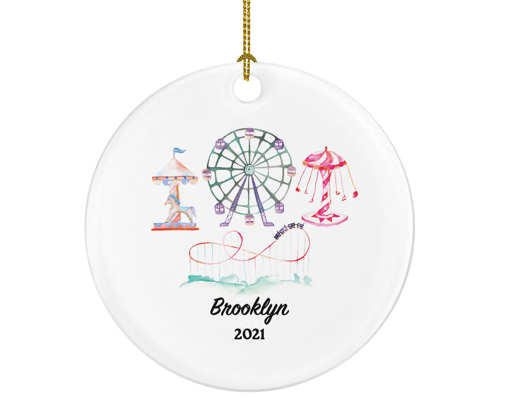 Amusement Park Christmas Ornament - Personalized Theme Park Worker Gift - Carousel Roller Coaster Ferris Wheel Fairgrounds Vacation Travel