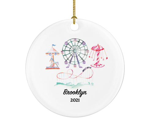 Amusement Park Christmas Ornament - Personalized Theme Park Worker Gift - Carousel Roller Coaster Ferris Wheel Fairgrounds Vacation Travel
