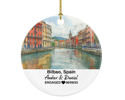 Bilbao Spain Round Ceramic Christmas Ornament – Personalized Holiday Keepsake, Custom Couple Gift for Wedding or Honeymoon