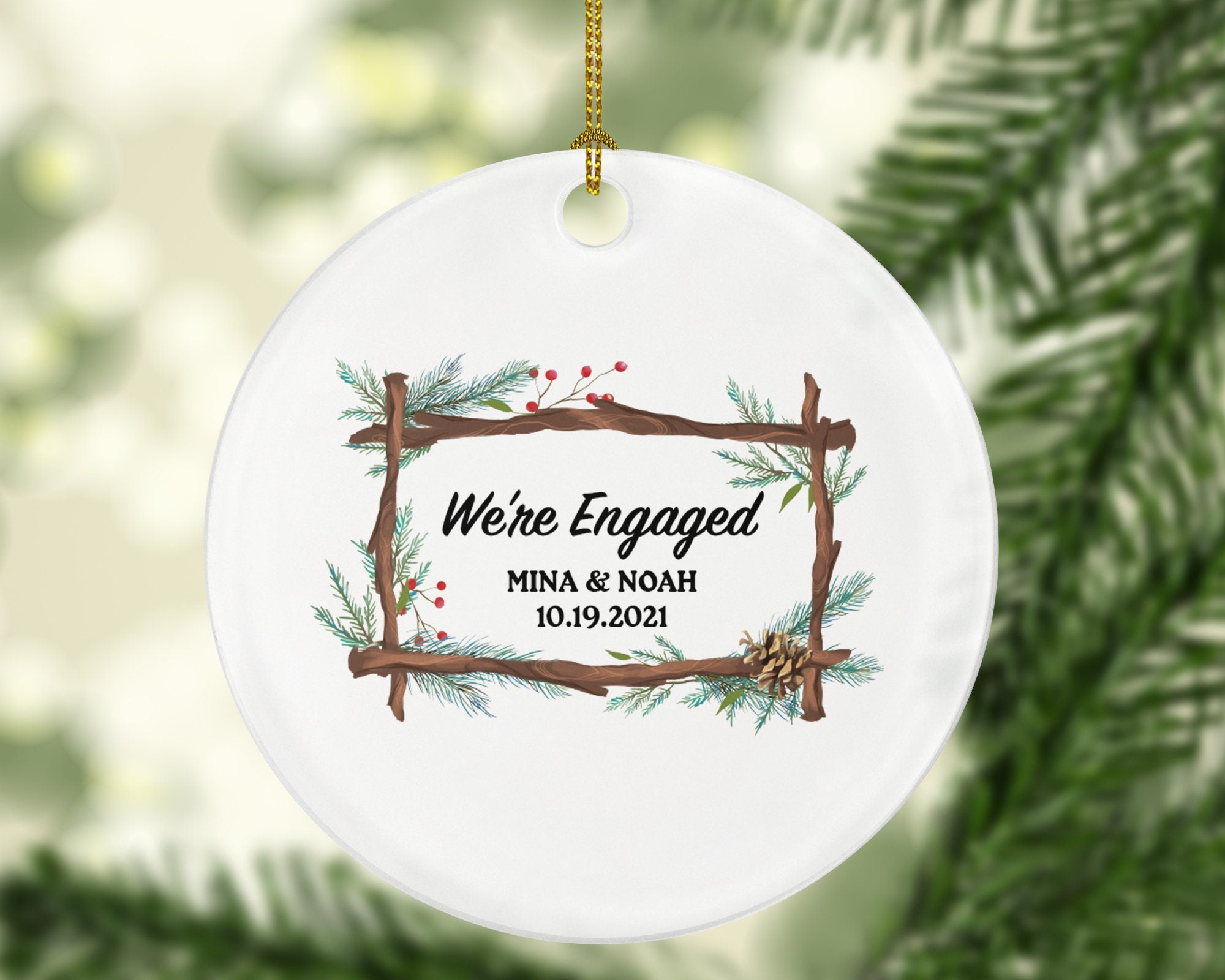 We're Engaged  Christmas Ornament Personalized - Engagement Announcement First Christmas Couple Gift - Greenery Wood Frame