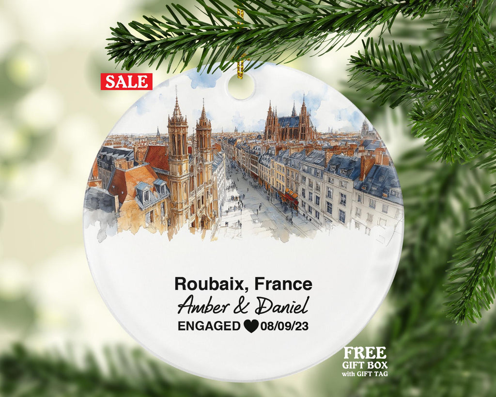 Personalized Roubaix France Christmas Ornament, La Piscine Museum, Grand Place, Mr & Mrs Wedding, Engagement, or Honeymoon Keepsake for Couples