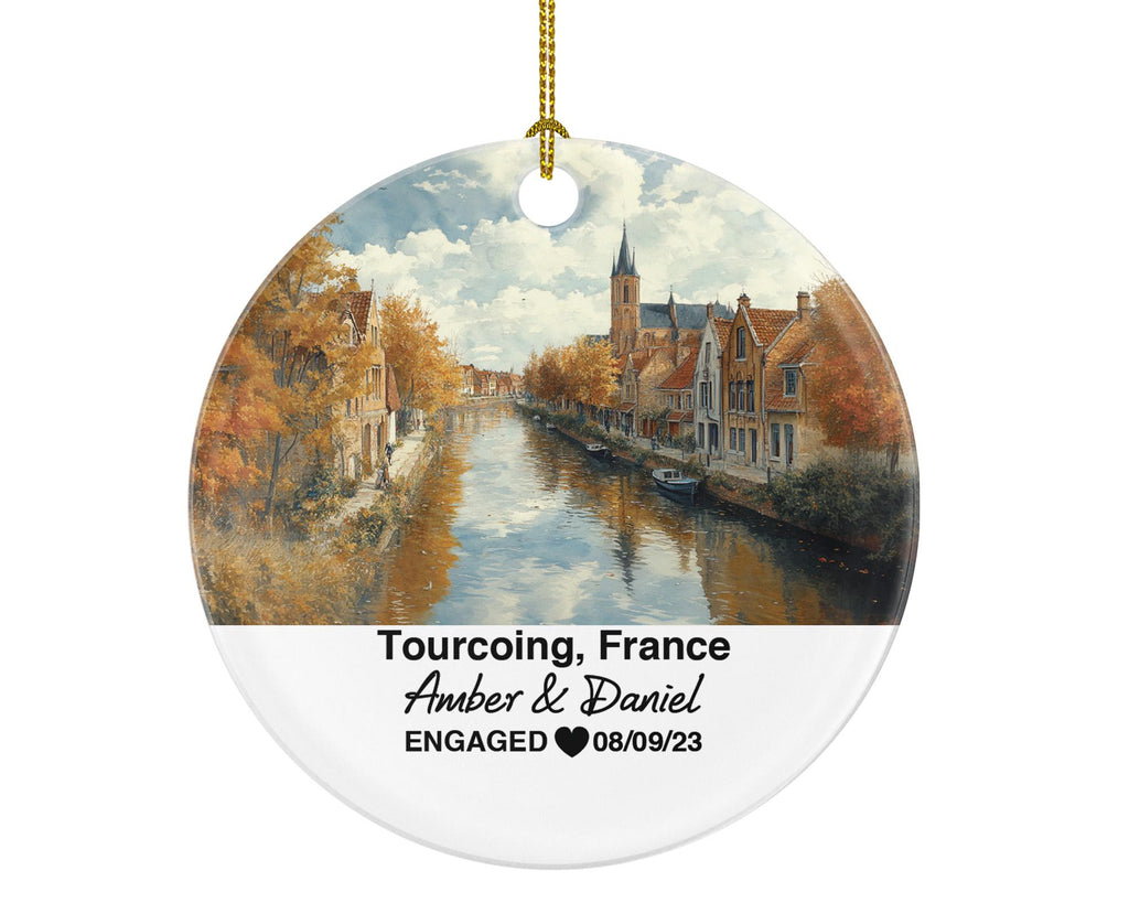 Personalized Tourcoing France Christmas Ornament, Historic Architecture, Mr & Mrs Wedding, Engagement, or Honeymoon Keepsake for Couples
