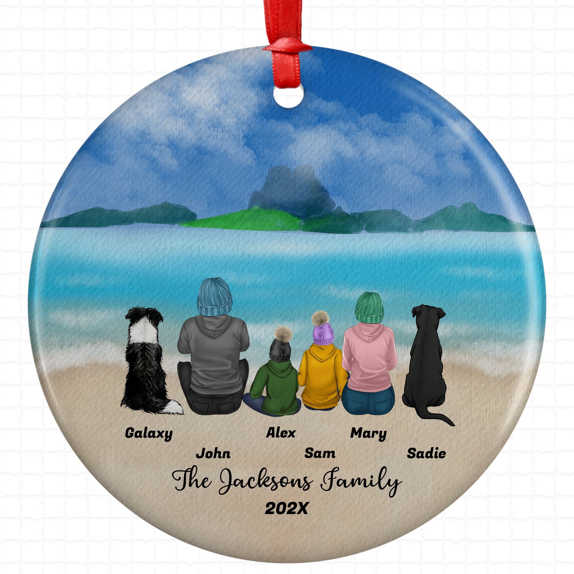 Personalized Family Christmas Ornament with Pet Custom Ceramic Keepsake for Couples Dog Cat Owners Holiday Gift Beach Scene