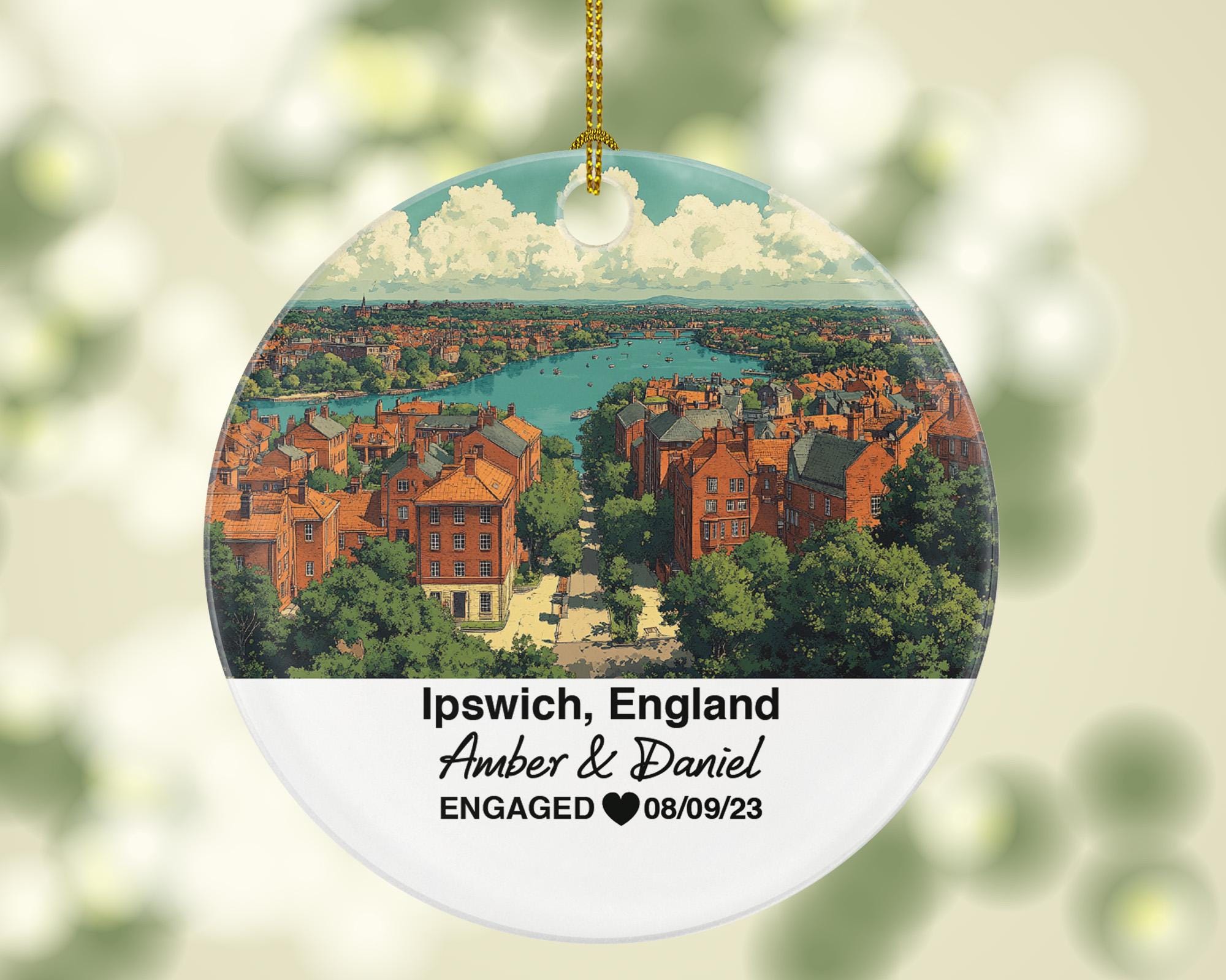 Ipswich England Round Ceramic Christmas Ornament – Personalized Riverside Views Keepsake, Custom Couple Gift for Wedding or Honeymoon