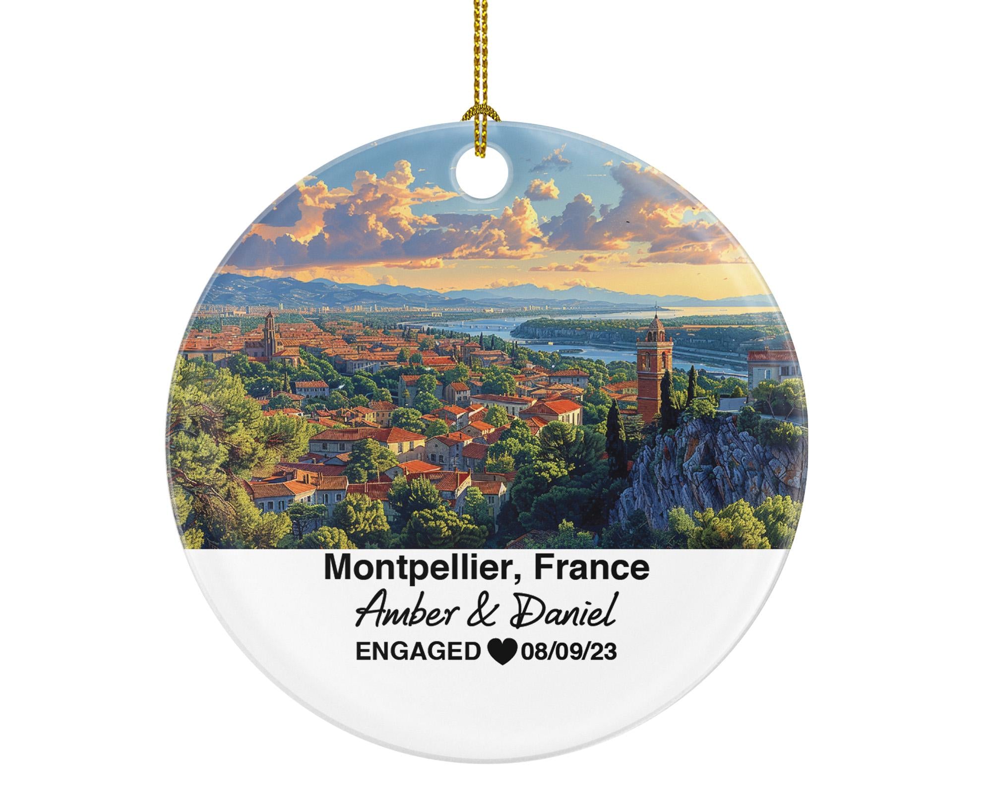 Personalized Montpellier France Christmas Ornament, Arc de Triomphe, Mr & Mrs Wedding, Engagement, or Honeymoon Keepsake for Couples