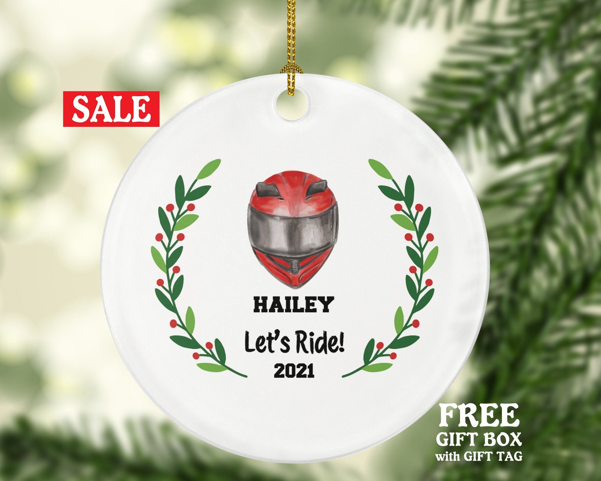 Motorcycle Dirt Bike Rider Helmet Christmas Ornament - Custom Gift for Bikers Racer Motocross Racing Personalized